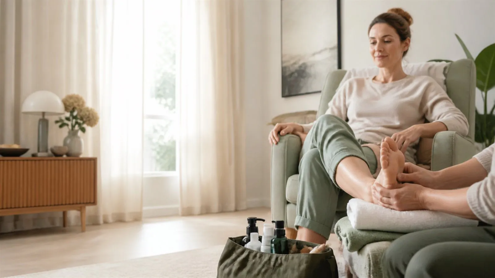 Ruhiger Hausbesuch für eine mobile Fußmassage in Düsseldorf