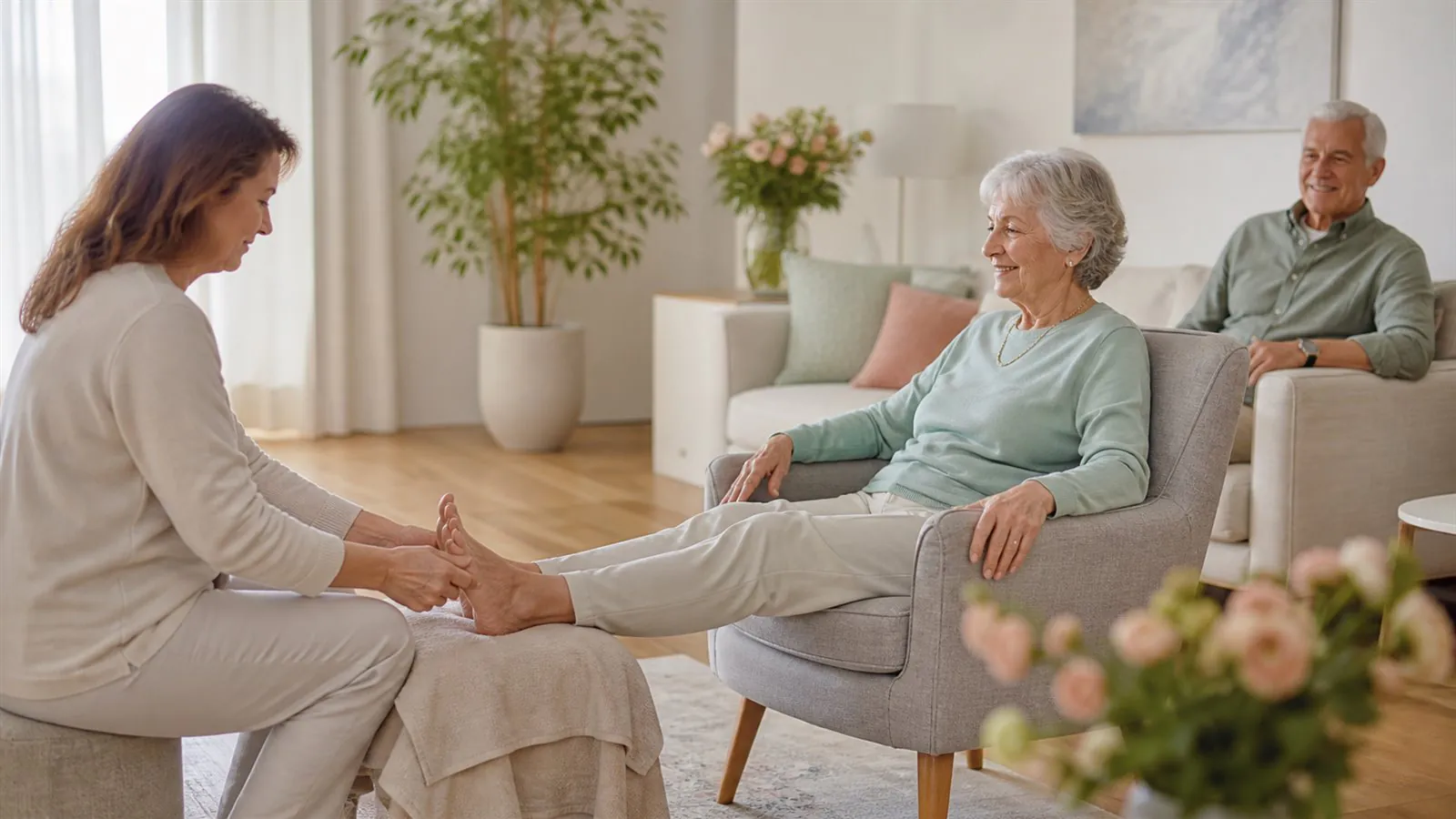 Ältere Frau bei einer respektvollen Wellness-Auszeit zu Hause