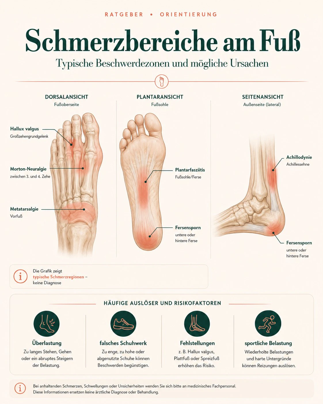 Infografik zu typischen Schmerzbereichen am Fuß